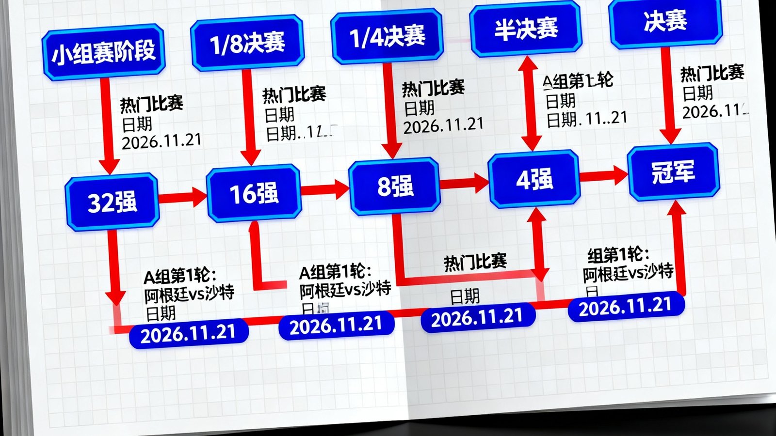 2026世界杯完整晋级树形图展示从小组赛到决赛的32强对阵路线，每个节点标注热门比赛和日期